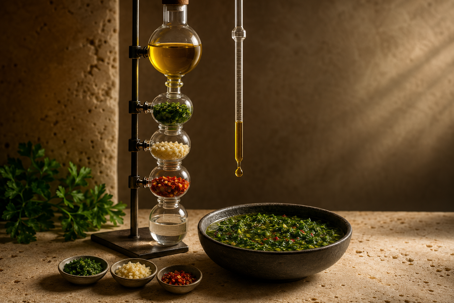 Laboratorio culinario con aceite, hierbas, ajo, ají, vinagre y chimichurri